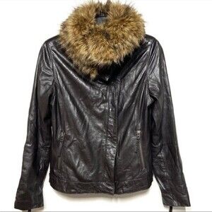 Bod Christensen Brown Leather Moto Jacket with Faux Fur Wide Collar M
